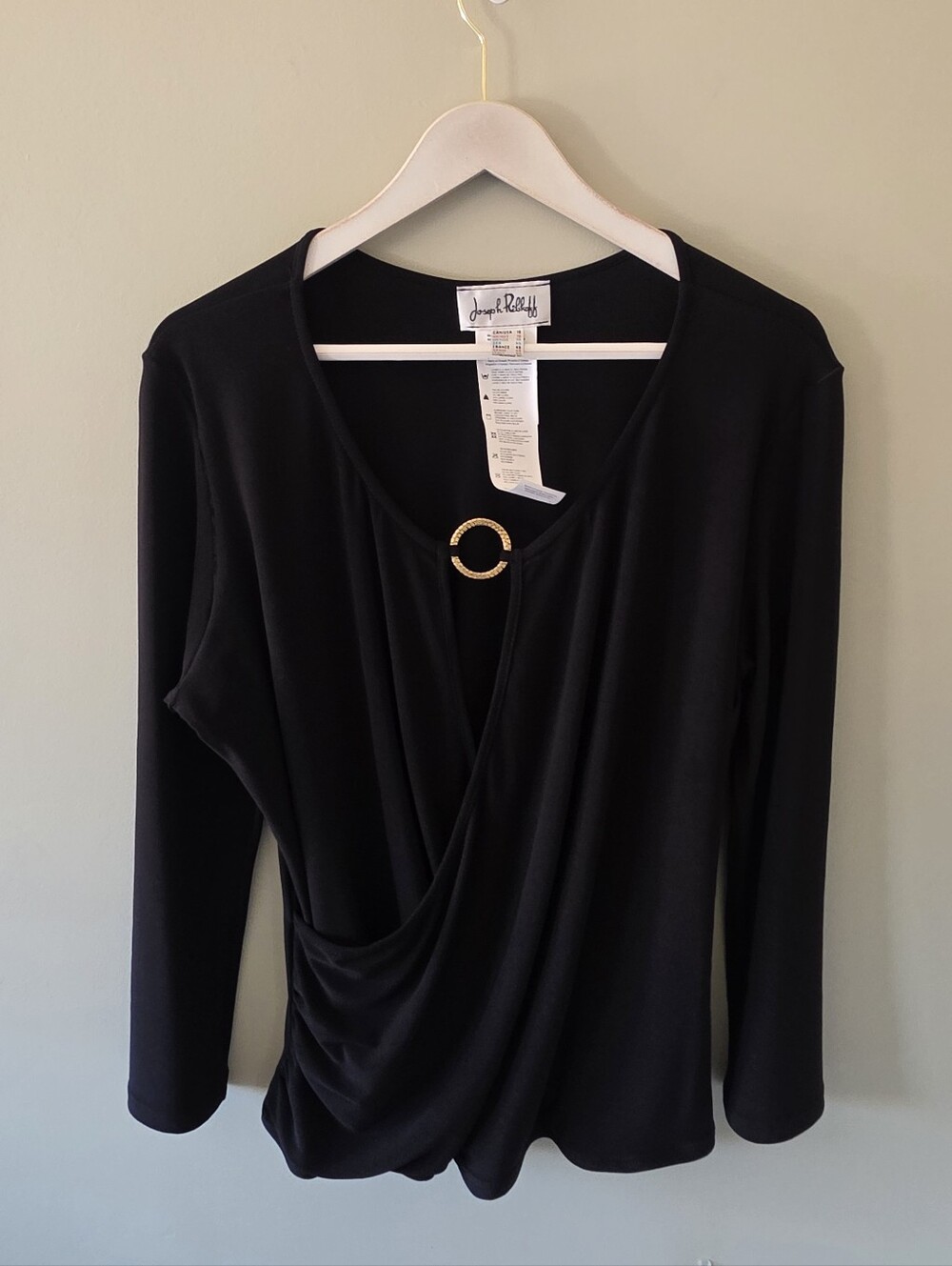 Joseph Ribkoff Black Draped Long-Sleeve Top with Gold Accent